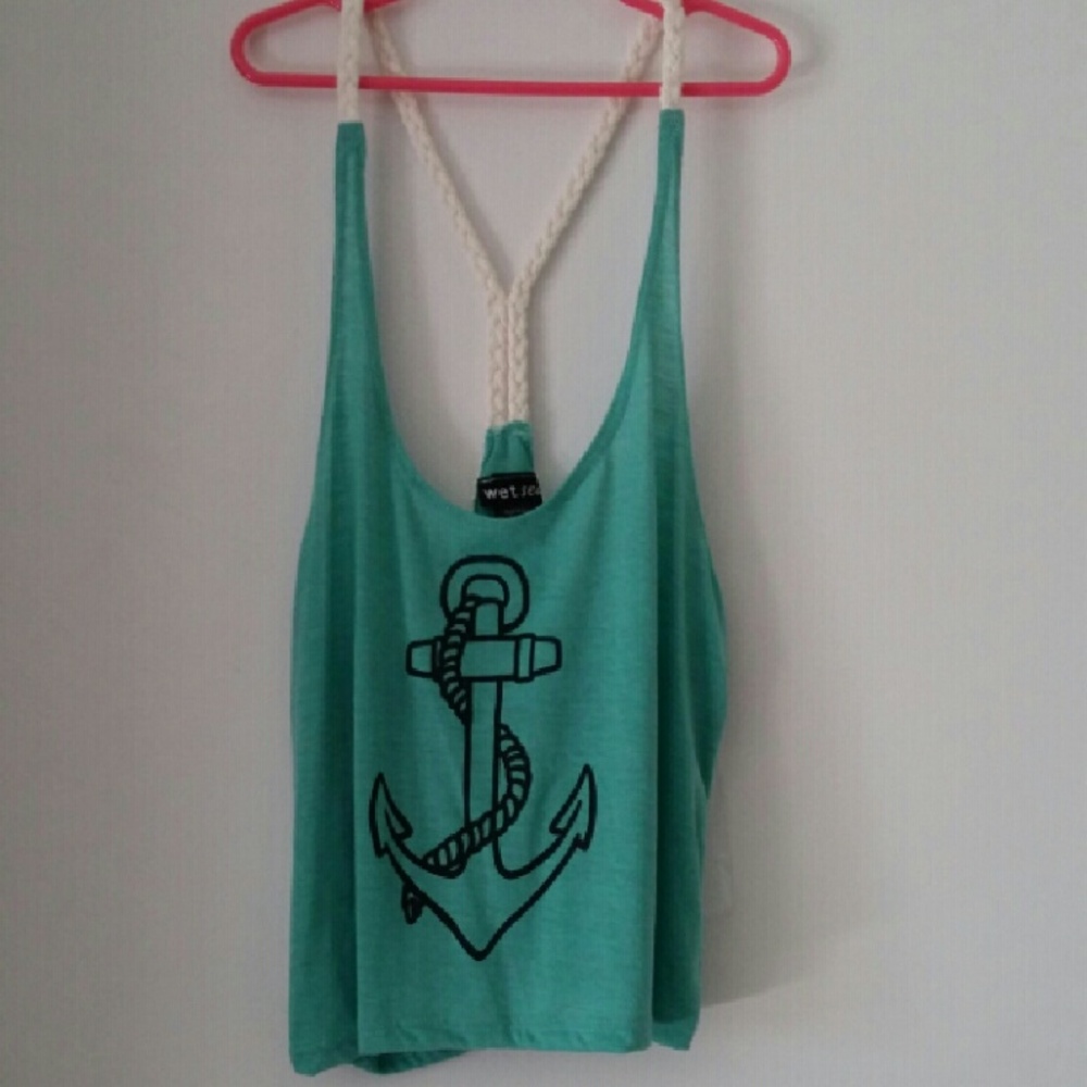 Wet Seal Teal Cropped Tank with Black Anchor Print